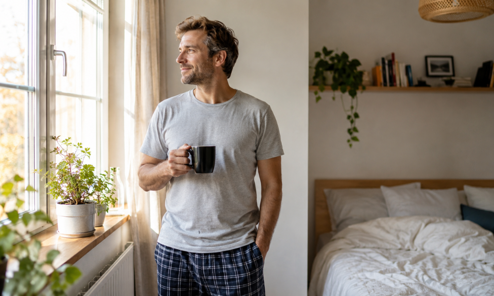 Mann erholt am morgen mit Kaffee in der Hand